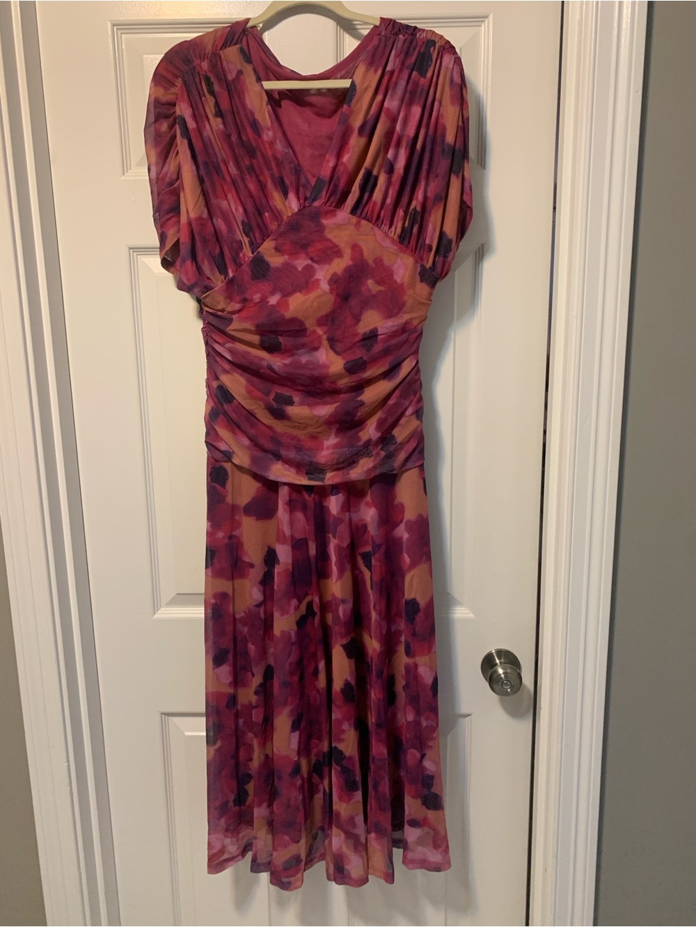 Ruched V-Neck Pink & Peach Floral Midi Dress